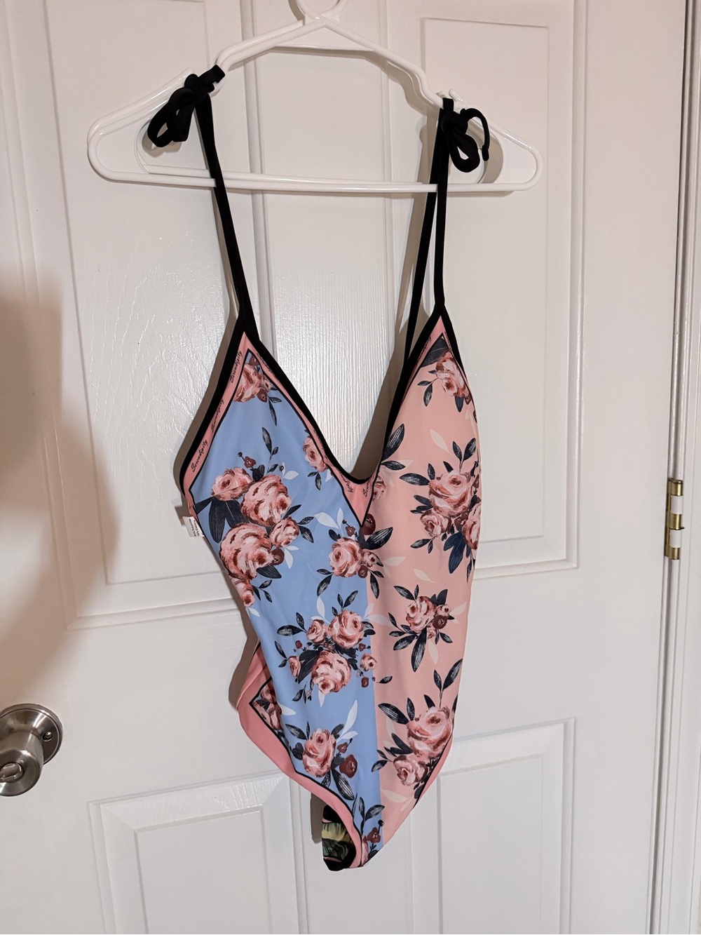 Floral Two-Tone Tie-Strap One-Piece Swimsuit - Pink & Blue